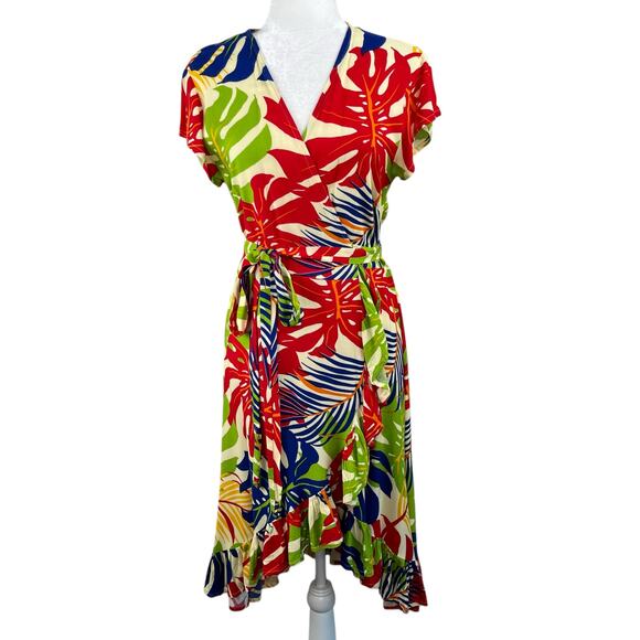 Three Islands Multi Leaf Tropical Tie Front Knee-Length Midi Wrap Dress Medium - Picture 1 of 15